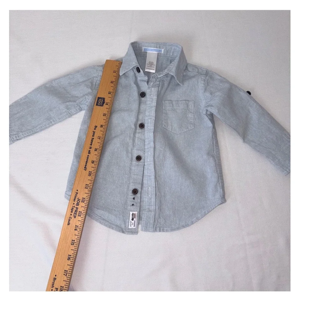 Janie and Jack blue linen cotton roll‎ tab sleeve shirt 12 - 18 months